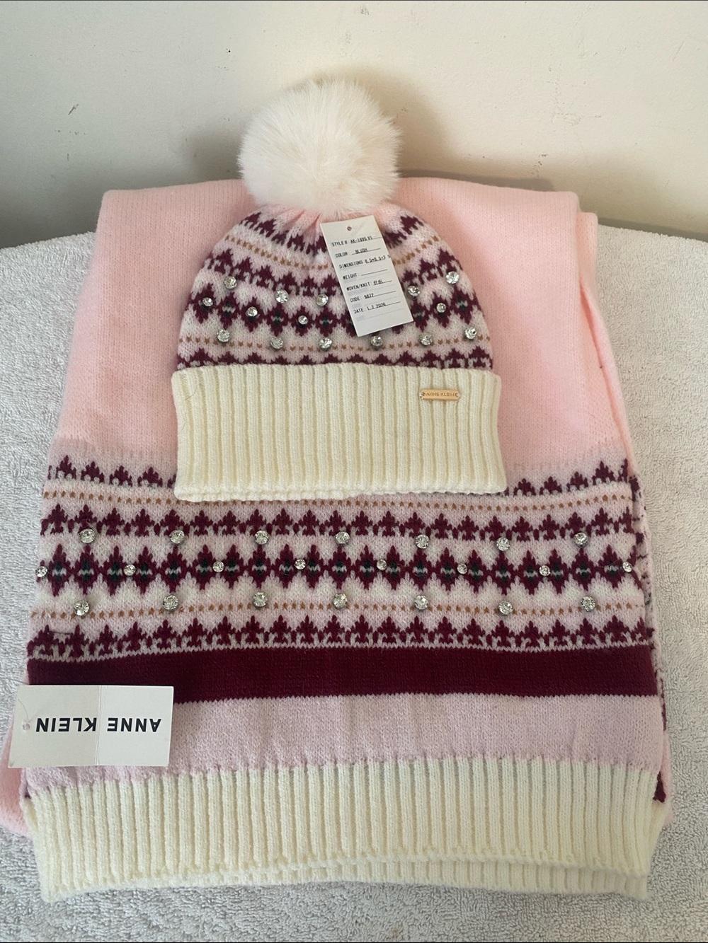 Anne Klein Pink, Cream & Burgundy Fair Isle Knit Hat & Scarf Set